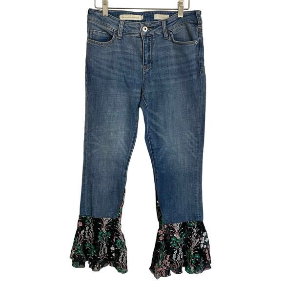 Anthropologie Pilcro Lace Embroidered Crop Jeans Women's Size 26 flare Bohemian - Picture 1 of 12